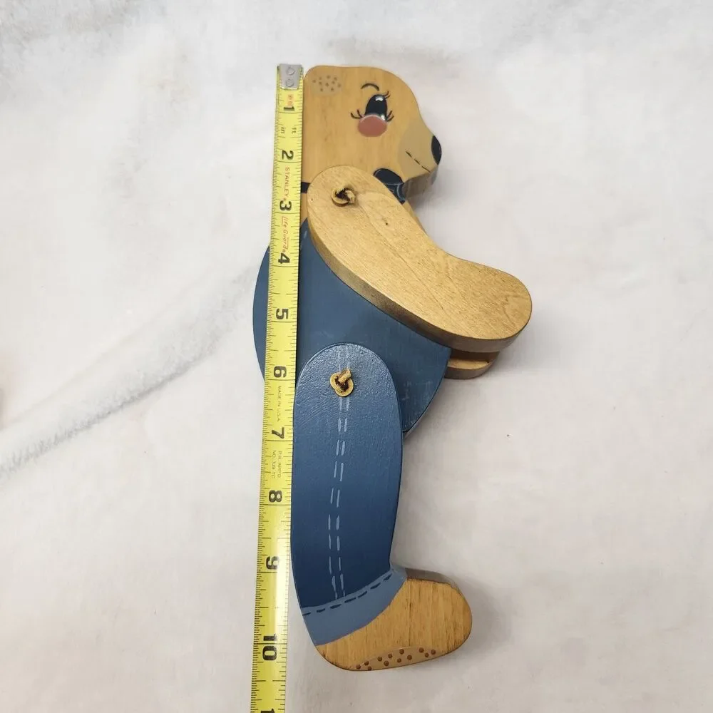 Vintage Handmade Wooden Teddy Bear Figurine Seated Articulated Nursery Blue Jean